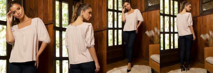 Blusa Ros com Decote Quadrado e Franzidos