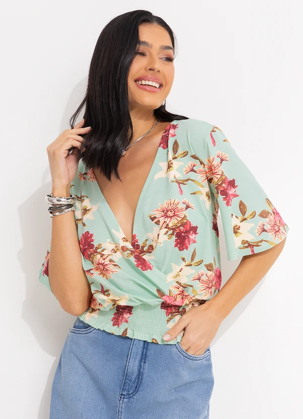 Quintess Blusa Soltinha Folhas Bordô Transpassada