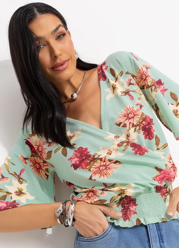 Quintess - Blusa Soltinha Folhas Bordô Transpassada