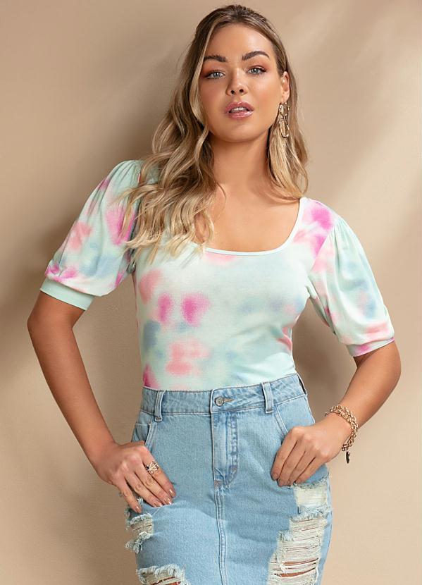 Quintess - Blusa Tie Dye Menta com Mangas Bufantes