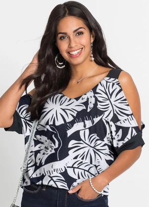 bonprix - Blusa Tropical Preto em Malha Crepe - BONPRIX