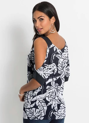 bonprix - Blusa Tropical Preto em Malha Crepe - BONPRIX