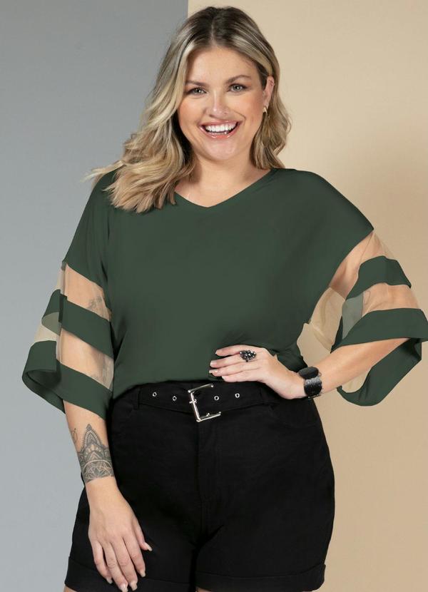 Quintess - Blusa Verde Oliva Detalhes em Tule nas Mangas 8