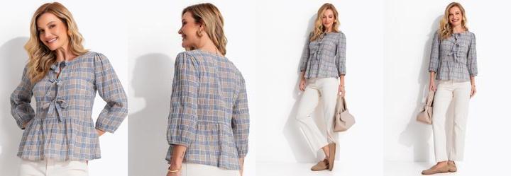 Blusa Xadrez Azul em Gaze de Algod�o