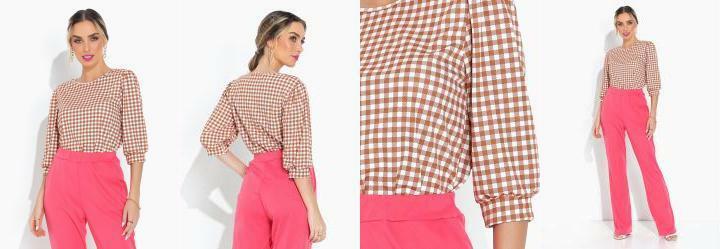 Blusa Xadrez com Mangas 3/4 e Decote Redondo