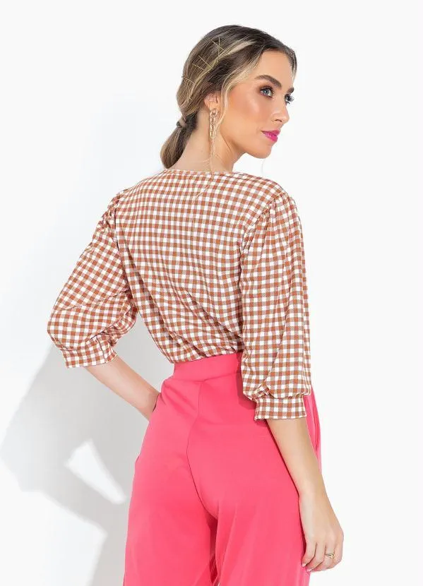 Moda Pop - Blusa Xadrez com Mangas 3/4 e Decote Redondo 2