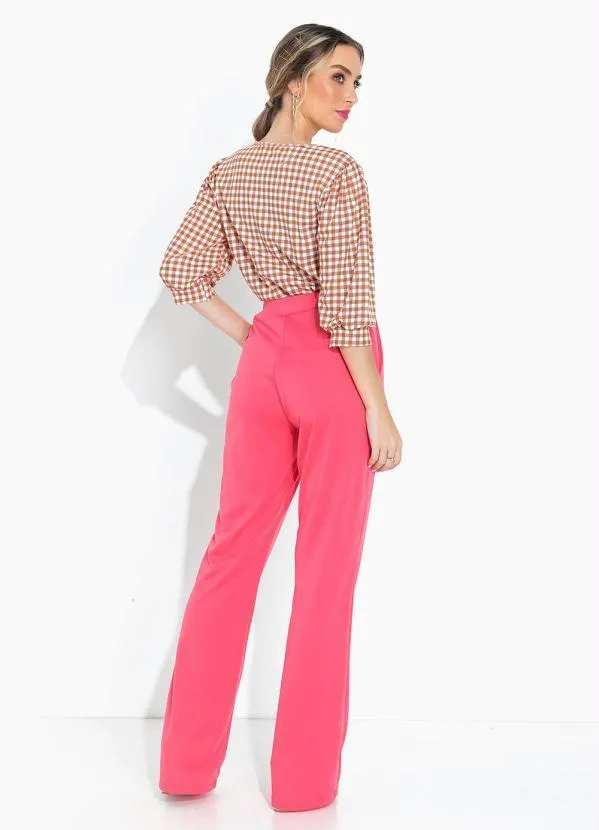 Moda Pop - Blusa Xadrez com Mangas 3/4 e Decote Redondo 5