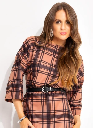 Quintess - Blusa Xadrez Marrom em Malha - QUINTESS