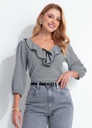Blusa Xadrez Vichy Preto em Malha Texturizada