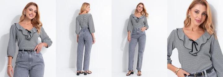 Blusa Xadrez Vichy Preto em Malha Texturizada