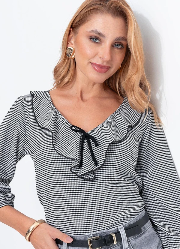 Quintess - Blusa Xadrez Vichy Preto em Malha Texturizada 2