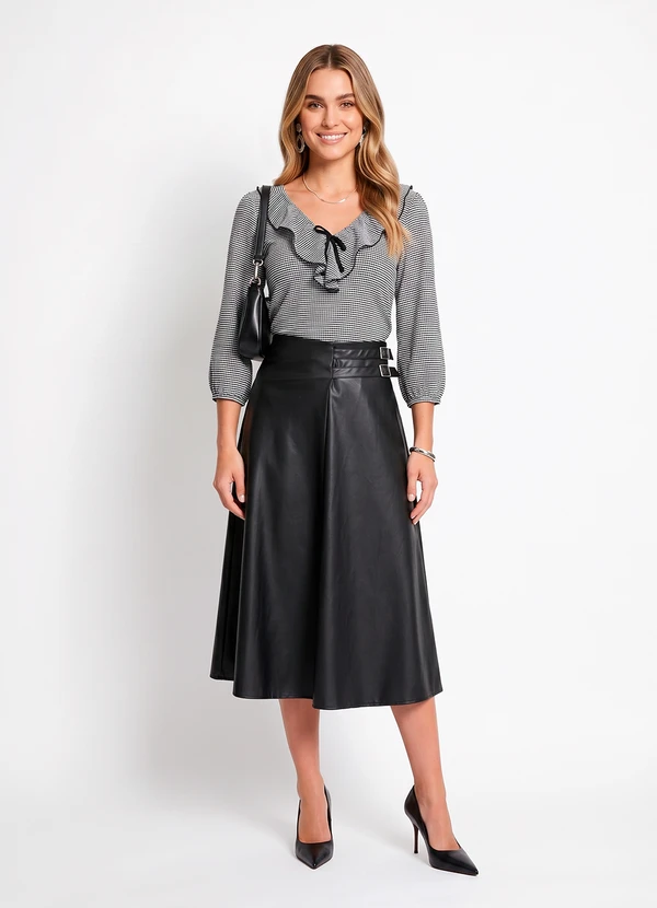 Quintess - Blusa Xadrez Vichy Preto em Malha Texturizada