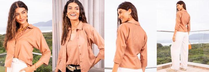 Camisa Bege em Tecido Plano Jacquard Acetinado