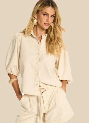 Doce Trama - Camisa Feminina Manga 3/4 Bufante Miragem Branco - DOCE TRAMA