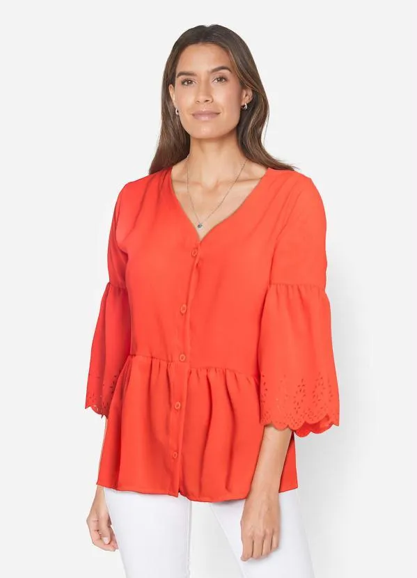 Outlet - Camisa Mangas 3/4 Decote V Laranja