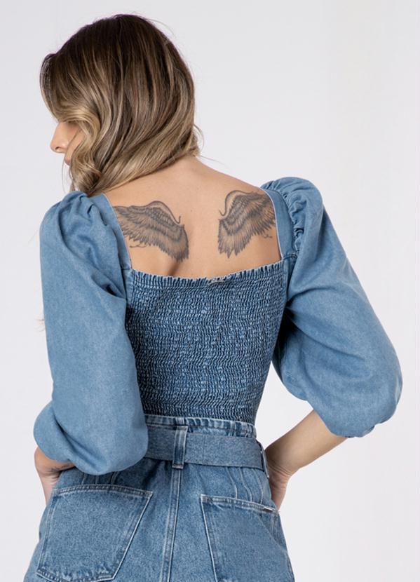 Lunender - Top Cropped Jeans com Mangas Bufantes Jeans 2