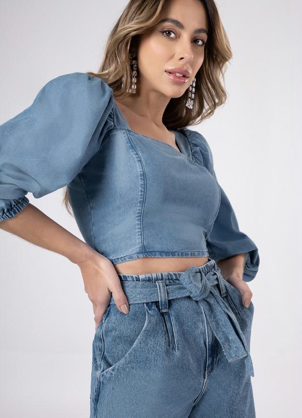 Lunender - Top Cropped Jeans com Mangas Bufantes Jeans 5
