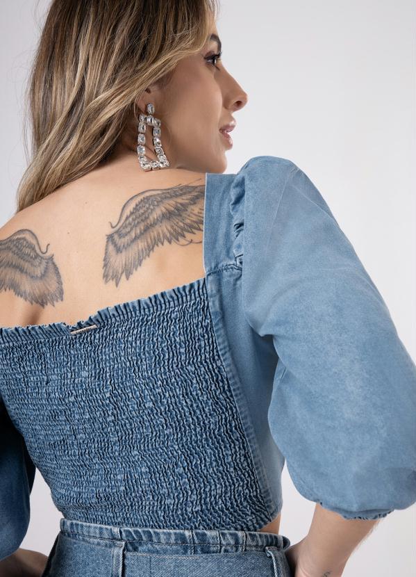Lunender - Top Cropped Jeans com Mangas Bufantes Jeans 6