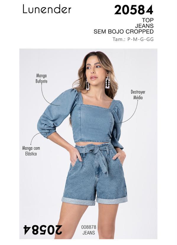 Lunender - Top Cropped Jeans com Mangas Bufantes Jeans 7