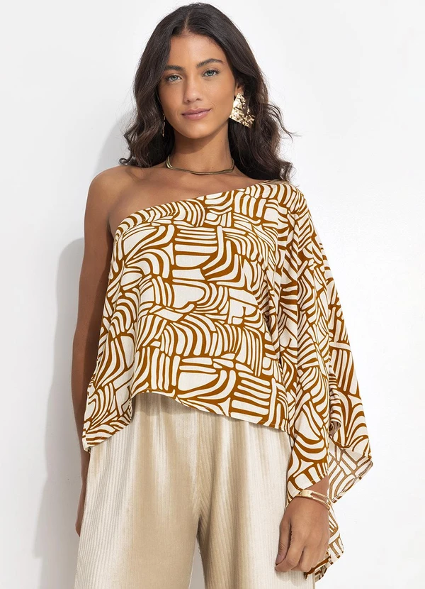Quintess - Blusa Abstrato Camel em Viscose Plana