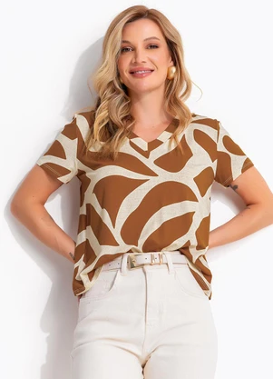 Quintess - Blusa Abstrato Caramelo em Malha de Viscose - QUINTESS