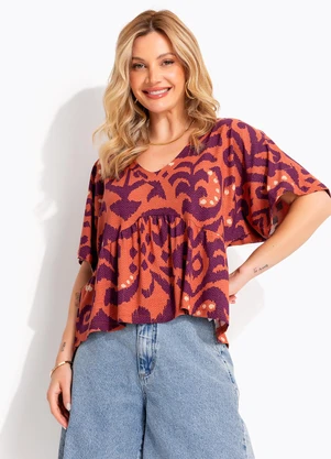 Quintess - Blusa Abstrato Laranja em Malha de Viscose - QUINTESS