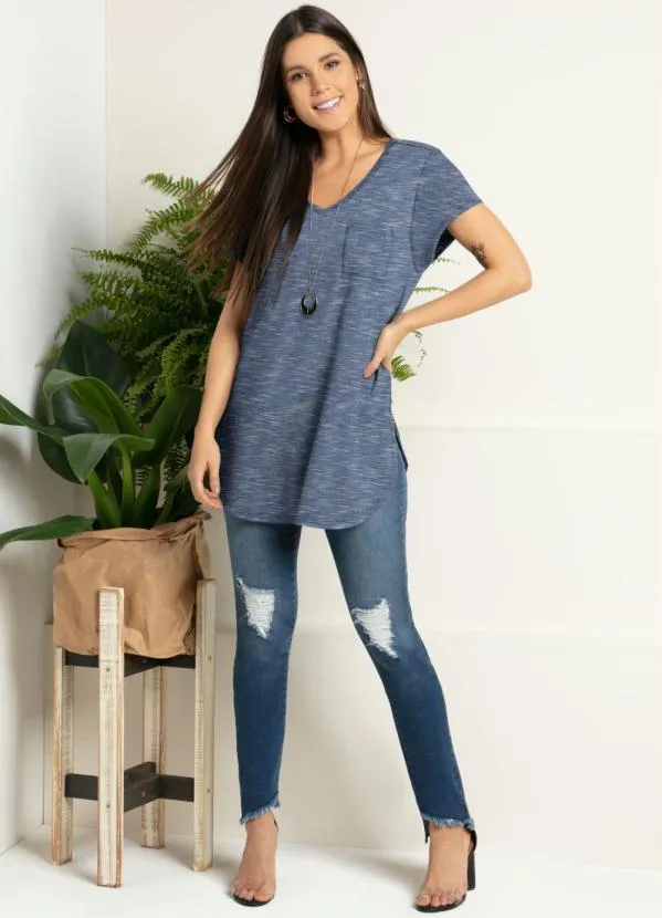 Quintess - Blusa Alongada Azul com Decote V 3