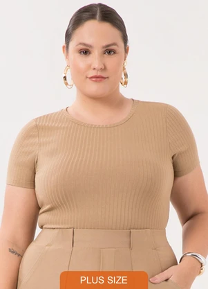 Lunender Mais Mulher - Blusa Alongada Canelada Plus Size Bege - LUNENDER MAIS MULHER