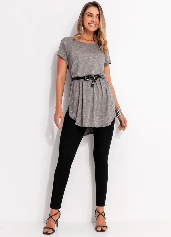Quintess - Blusa Alongada Cinza com Barra Arrendondada 3