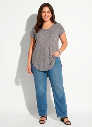 Quintess - Blusa Alongada Cinza com Decote V - QUINTESS