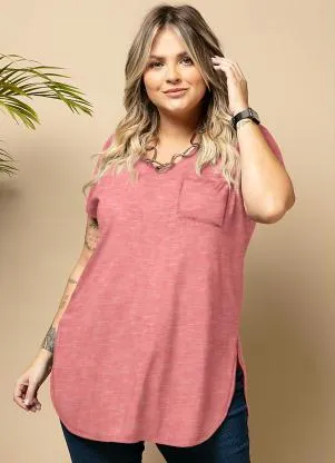 Quintess - Blusa Alongada Coral com Decote V - QUINTESS