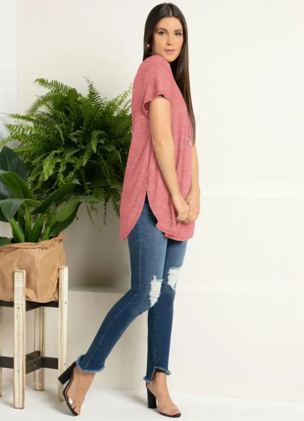 Quintess - Blusa Alongada Coral com Decote V 5