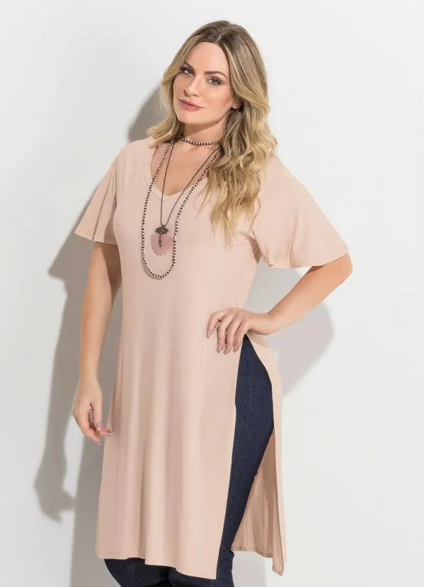 Quintess - Blusa Alongada Nude com Fendas Laterais