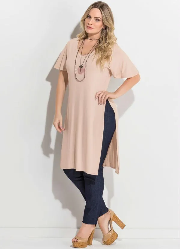 Quintess - Blusa Alongada Nude com Fendas Laterais 3