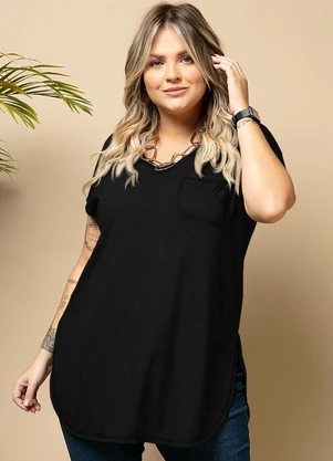 Quintess - Blusa Alongada Preta com Decote V - QUINTESS