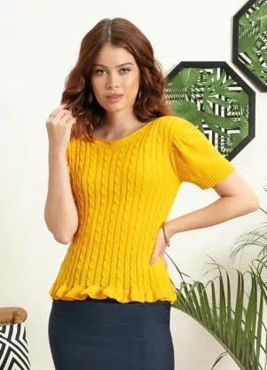 Rosalie - Blusa Amarela em Tricô com Mangas Bufantes - ROSALIE