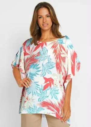 bonprix - Blusa Ampla Mangas Morcego Folhagem Branco - BONPRIX