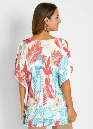 bonprix - Blusa Ampla Mangas Morcego Folhagem Branco - BONPRIX