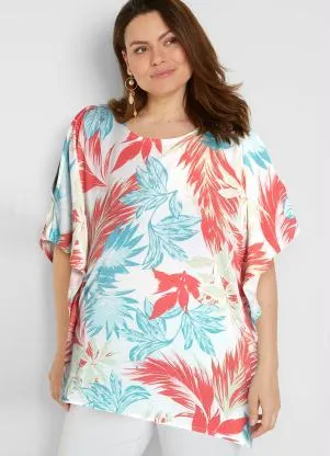 bonprix - Blusa Ampla Mangas Morcego Folhagem Branco - BONPRIX