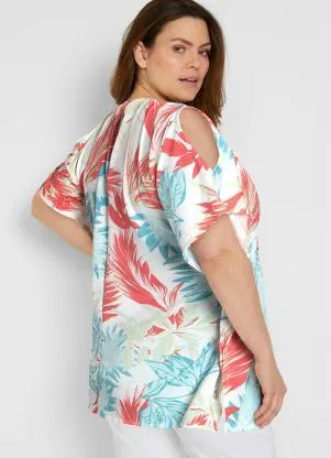 bonprix - Blusa Ampla Mangas Morcego Folhagem Branco - BONPRIX