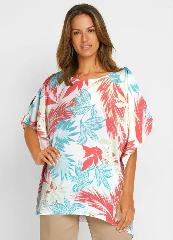 bonprix - Blusa Ampla Mangas Morcego Folhagem Branco