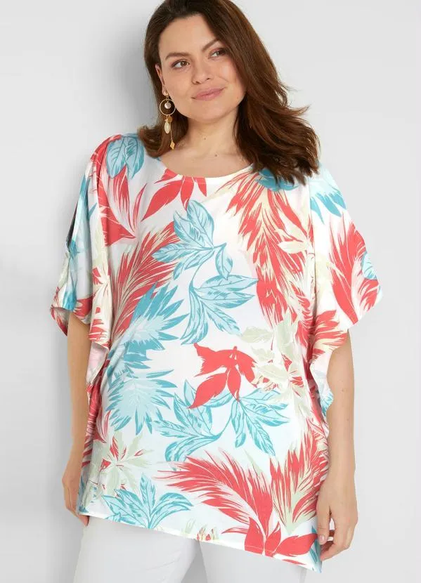 bonprix - Blusa Ampla Mangas Morcego Folhagem Branco 5