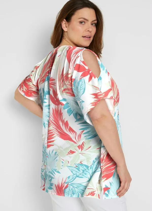 bonprix - Blusa Ampla Mangas Morcego Folhagem Branco 6