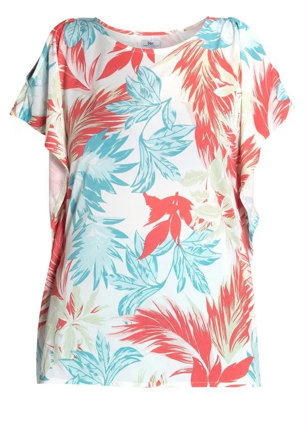 bonprix - Blusa Ampla Mangas Morcego Folhagem Branco