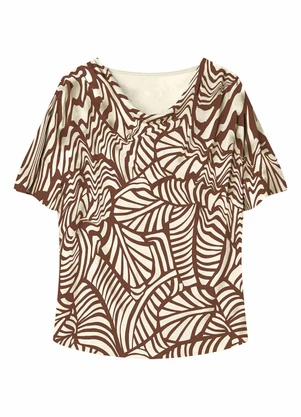 Malwee - Blusa Ampla Tropical em Viscolinho Marrom - MALWEE