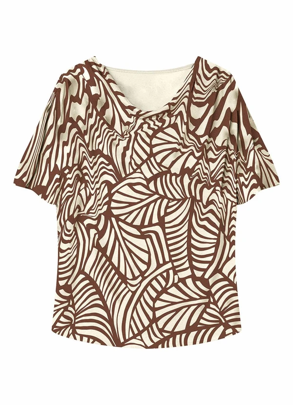 Malwee - Blusa Ampla Tropical em Viscolinho Marrom