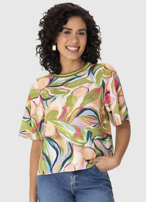 Malwee - Blusa Ampla Tropical em Viscolinho Verde - MALWEE