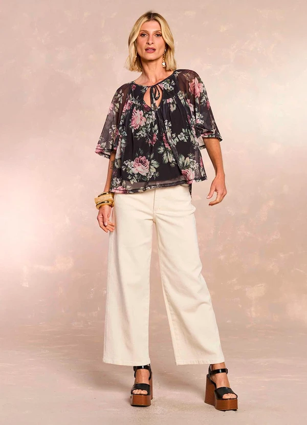 Doce Trama - Blusa Aquarela Rose em Tule Estampado
