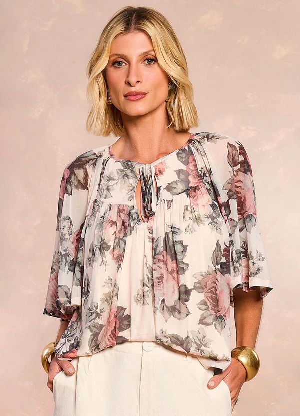Doce Trama - Blusa Aquarela Rose em Tule Estampado