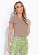 BLUSA (AREIA) COM DECOTE EM V E MANGAS CURTAS
